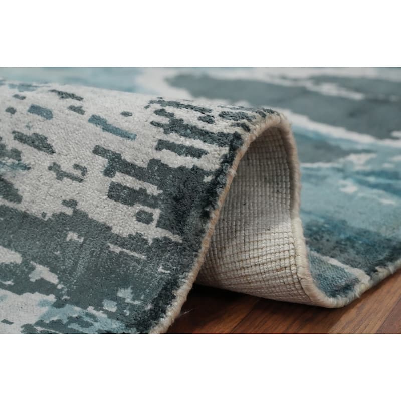 Hand Knotted Oriental Viscose Silk Carpet Modern Pictorial Navy Blue & Blues Abstract Area Rug - 7' 10'' X 5' 7''