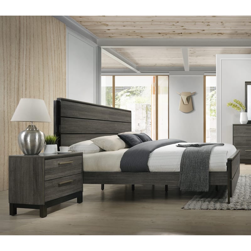 Ioana Antique Grey Finish 3-Piece Wood Bed Room Set, King Size Bed and Two Nightstands