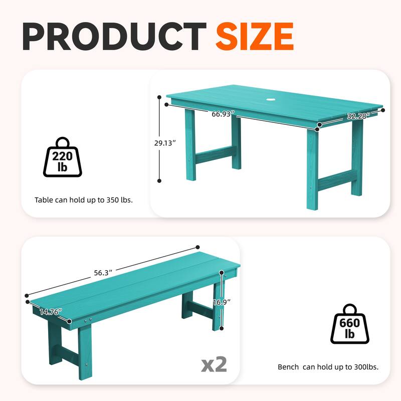 3-Piece HDPE Outdoor Dining Set with Umbrella Hole Table and Two 2-Person Benches