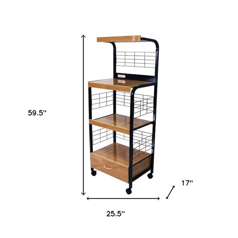 HomeRoots Black and Natural 26" Rolling Kitchen Cart With Storage - 25.5' X '59.5' X '17