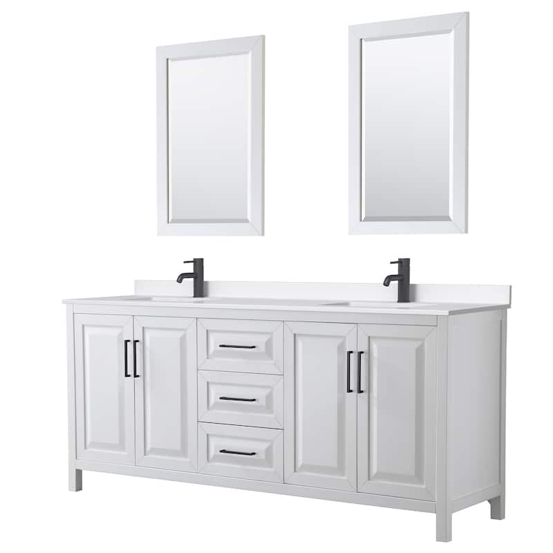 Daria 80-inch Double Vanity, Single Hole Quartz Top, 24-inch Mirrors - White, Black Trim, White Quartz Top
