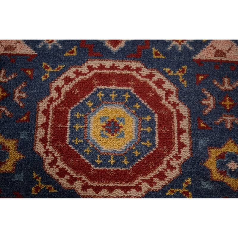 Blue Geometric Kazak Oriental Runner Rug Hand-Knotted Wool Carpet - 2'7"x 8'0"