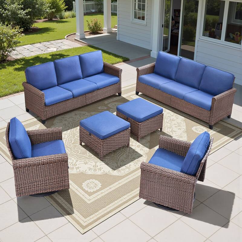 Pocassy Outdoor Sofa Swivel Chairs Patio Chair Funiture Set - 6PCS Sofa Swivel Chair w/ Ottoman - Brown Wicker Beige Cushion