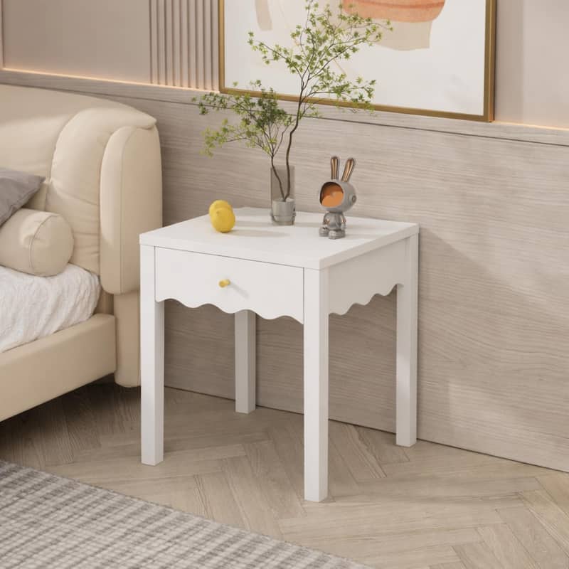 White Nightstand with Drawer, Modern Bedside Table with Wavy Apron Design, Compact End Table, Small Side Table with Storage