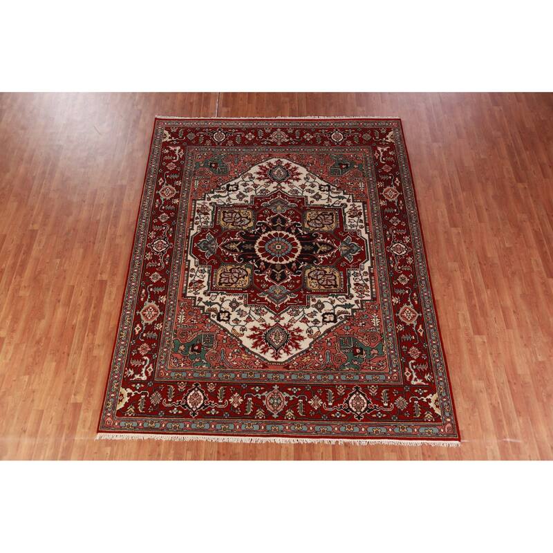 Hand Knotted Oriental 100% Wool Carpet Traditional Medallion Beige & Ivories Heriz (serapi) Area Rug - 10' 1'' X 7' 11''