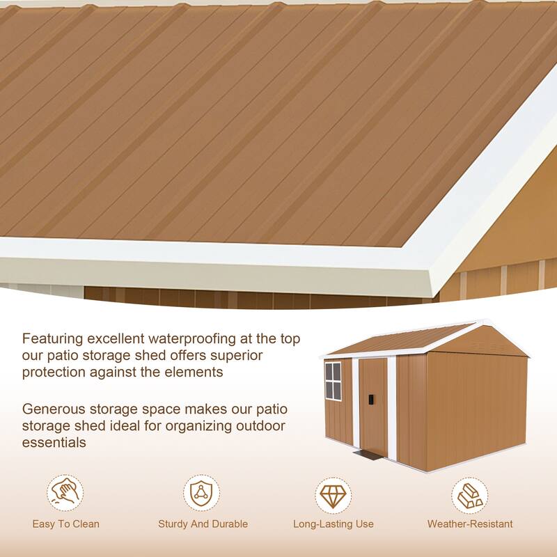 Roomfitters Metal Storage Shed, Heavy Duty Garden Tool House with Sliding Door and Windows, Brown