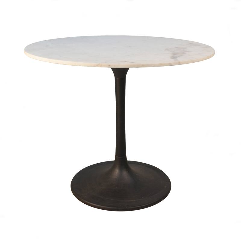 HomeRoots 36" White And Black Rounded Marble And Iron Pedestal Base Dining Table - 36.00 in. x 30.00 in. x 36.00 in.