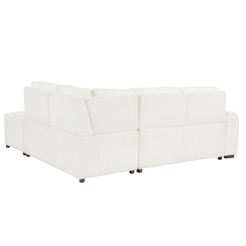 94" Corduroy Sectional Sofa Bed with Ottoman, Storage & USB Ports