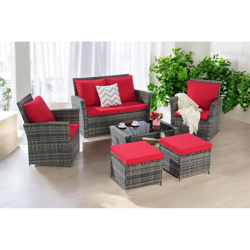 6-Piece Wicker Patio Furniture Set with Cushions & Coffee Table & Ottomans, Sofa for Outdoor Garden, Patio, or Balcony - Red