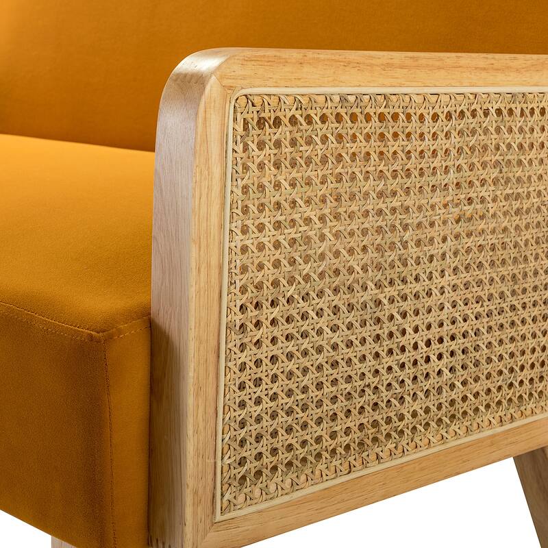 Sybil 43" Contemporary Solid Wood Upholstered Handcrafted Loveseat with Rattan Arms by HULALA HOME