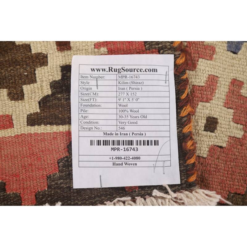 Geometric Kilim Shiraz Persian Vintage Area Rug Hand-Woven Wool Carpet - 5'0" x 9'1"