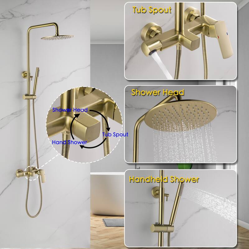 Modland Wall Mounted 3-Way Exposed Install Complete Rain Shower System with High Pressure Showerhead, Black/Gold