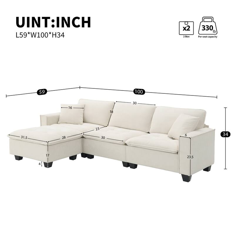 100" Modern Convertible Sectional Sofa - Velvet L Shape Couch with Pillows and Ottoman