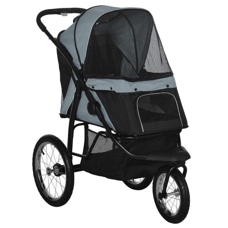 PawHut Pet Stroller for Small and Medium Dogs, 3 Big Wheels Foldable Cat Stroller with Adjustable Canopy - Grey