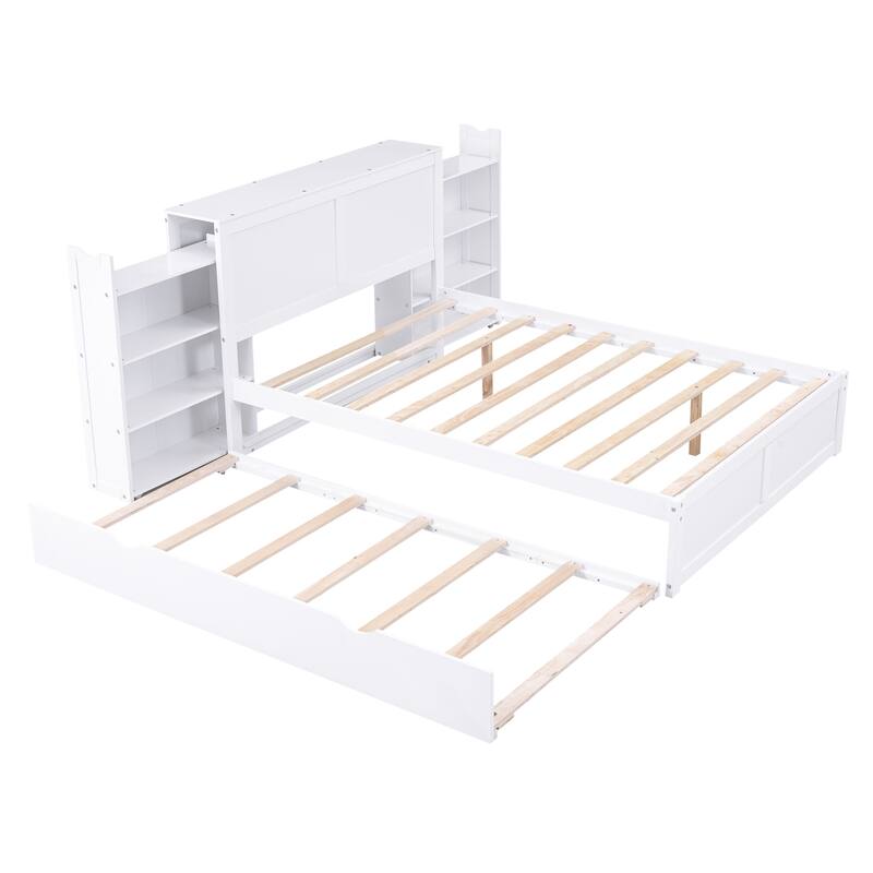 Full/Queen Size Storage Platform Bed with 4-Tier Shelves and Pull-Out Trundle, Sturdy Pine Wood Frame - White - Full