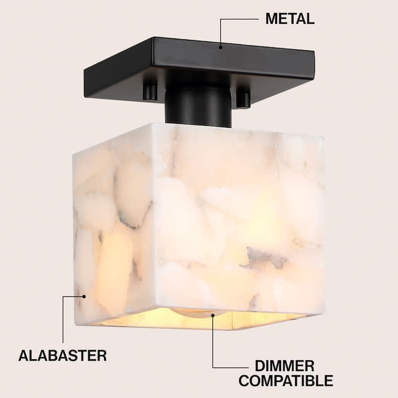 Chiara 5" 1-Light Modern Contemporary Alabaster/Iron Cube LED Semi Flush Mount, White Marbling/Brass Gold by JONATHAN Y
