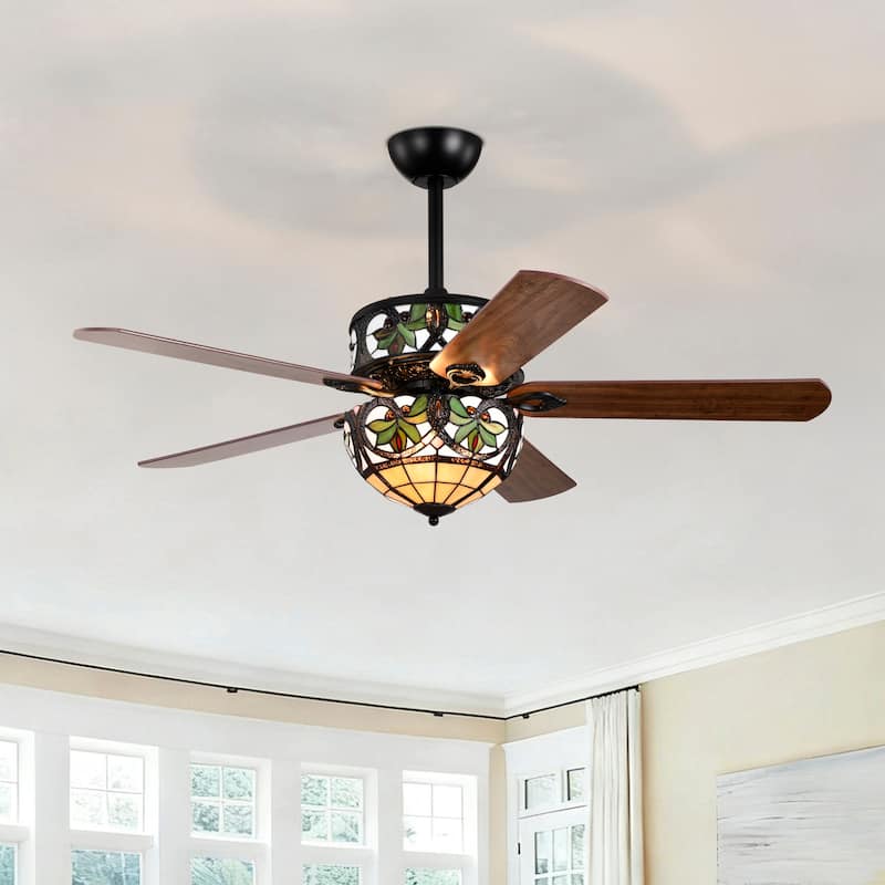Temid 5-Blade Lighted Ceiling Fan 2-Tier Tiffany Style Glass