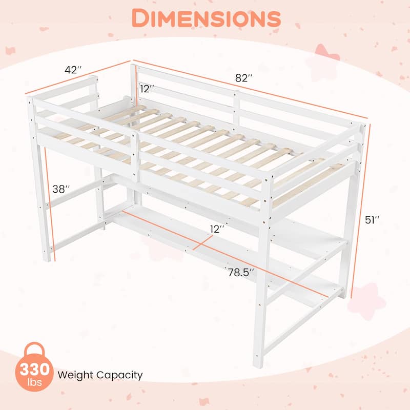 White Wood Frame Twin Loft Bed with Storage Shelves and Ladder Guardrails for Kids Room