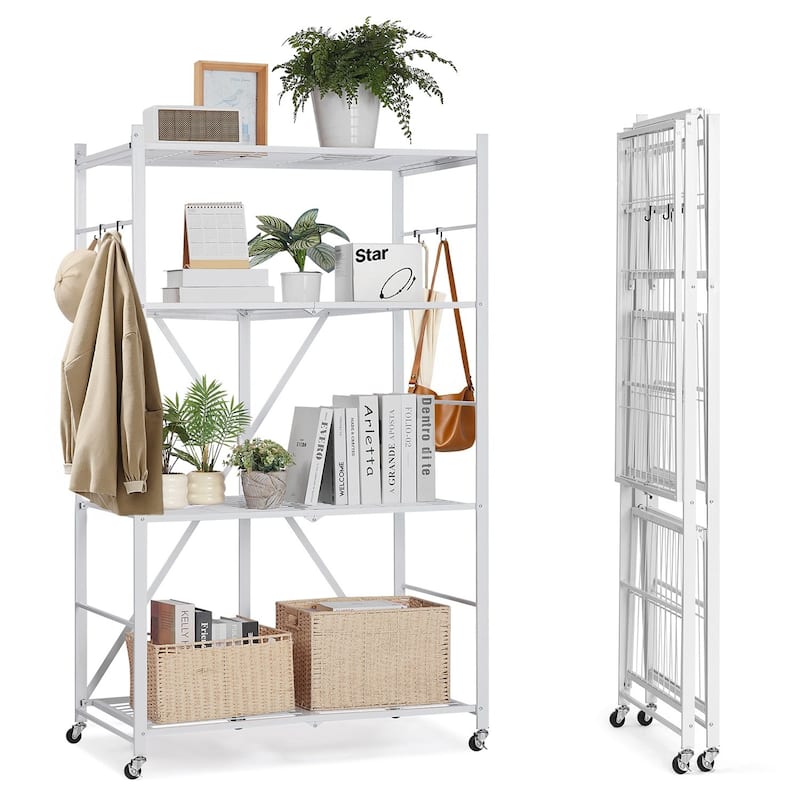 White Carbon Steel Garage Folding Storage Shelf with Wheels and 750 lbs Capacity - 21 x 36 x 60 in