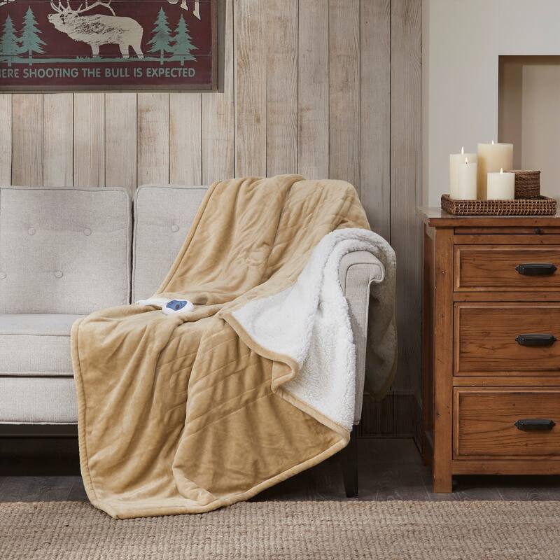 Woolrich Heated Plush to Berber Throw - Tan