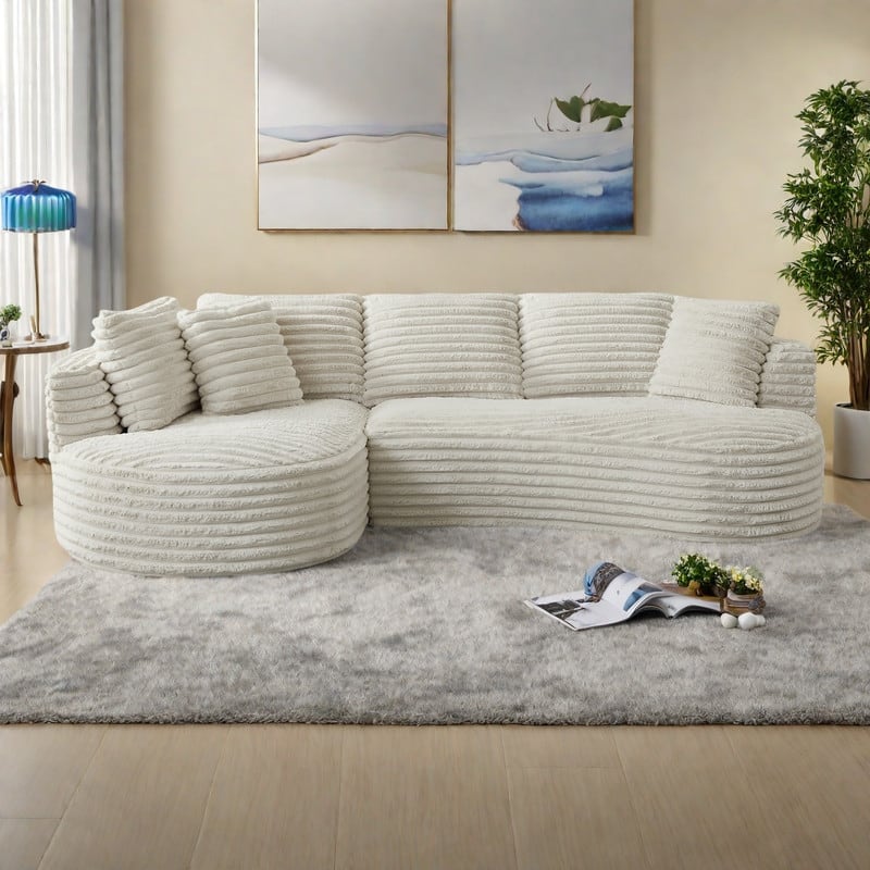 120.9" Corduroy Curved L-Shape Sectional Sofa with left recliner and Sleeper Function, No Assembly Required