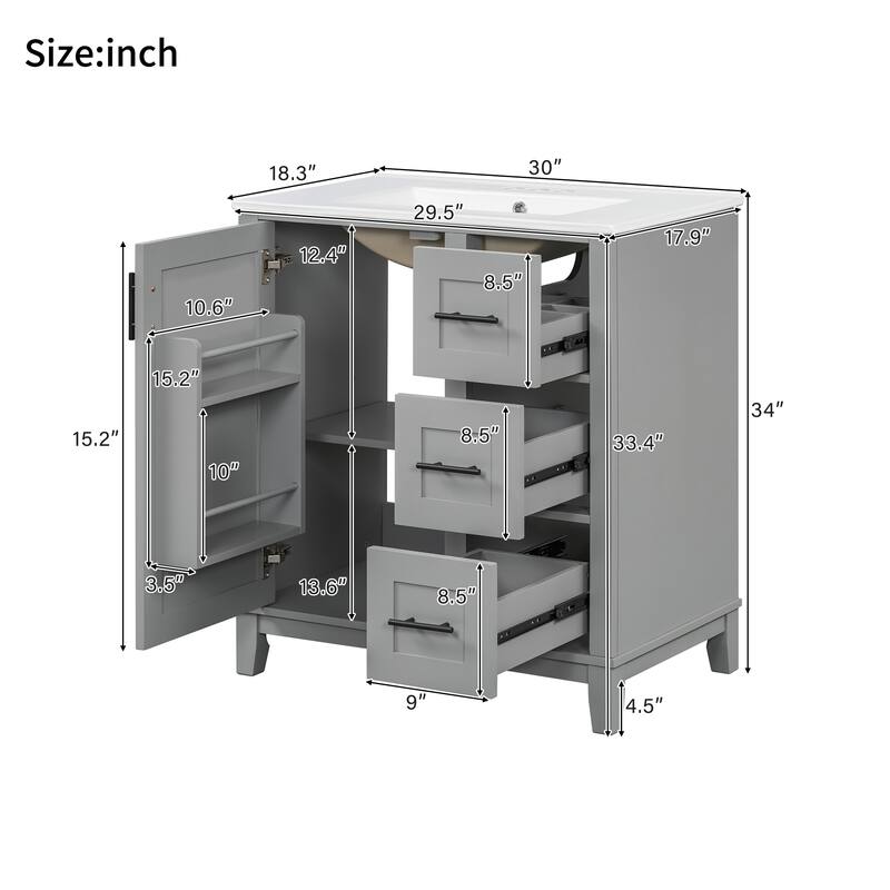30" Modern Bathroom Vanity with Ceramic Sink - Rubberwood Frame, MDF Panels, 1 Door & 3 Drawers, Double Storage Racks