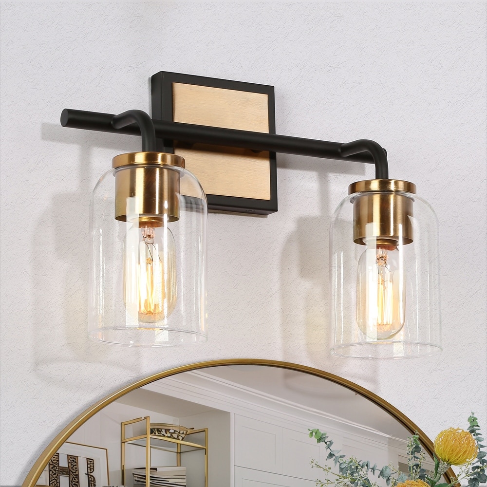 Modern Farmhouse Bathroom Vanity Light Black Gold Cylinder Glass Wall Sconce