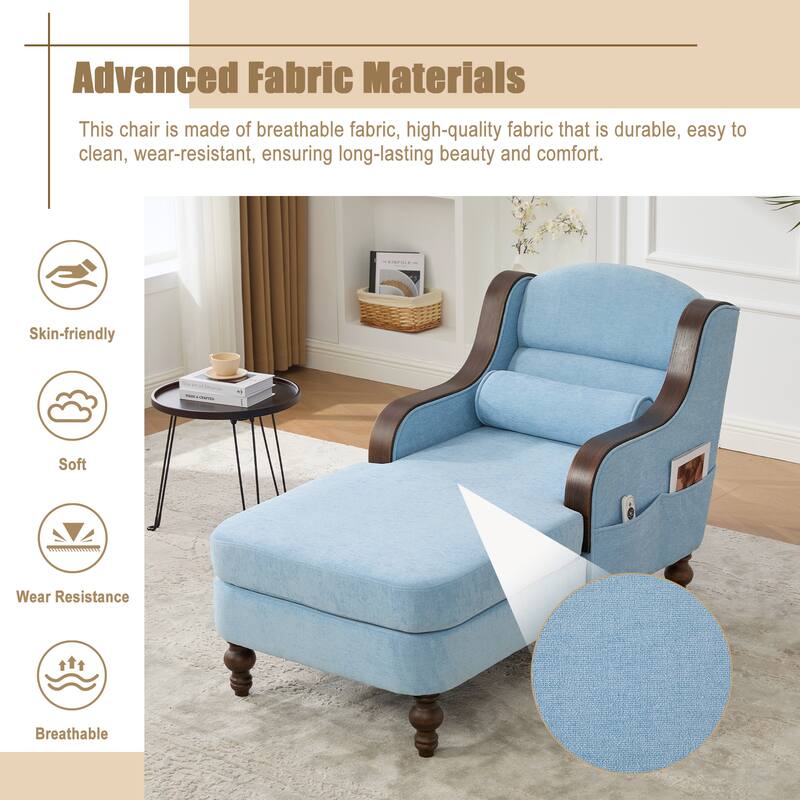 HOMEFUN Chenille Upholstered Wood Frame Oversized Chaise Lounge Single Sofa Bed with Side Pocket for Living Room,Bedroom