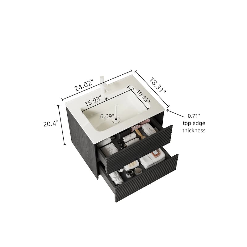 Minimalist Wall Floating Bathroom Vanity Horizontal Stripe Storage Cabinet with Integrated Sink and 2 Soft Close Drawers