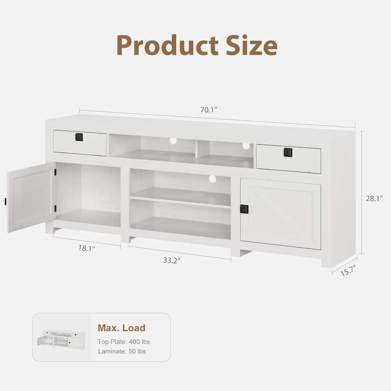 Farmhouse TV Stand for 80 Inch TVs, Long Entertainment Center with 4 Storage Drawers & 3 Open Shelf, White
