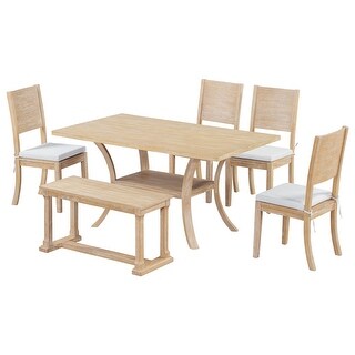 6-Piece Wood Dining Table Set with Storage Shelf and Curved Legs - Bed ...
