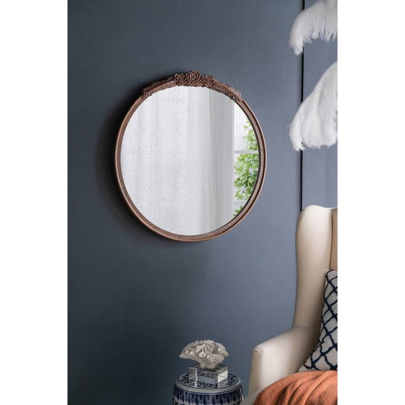 30"x30" Round Hand Carved Rose Antique Mirror Frame, Wall Mirror for Live space, Bathroom, Entryway Wall Décor(Brown) - Brown