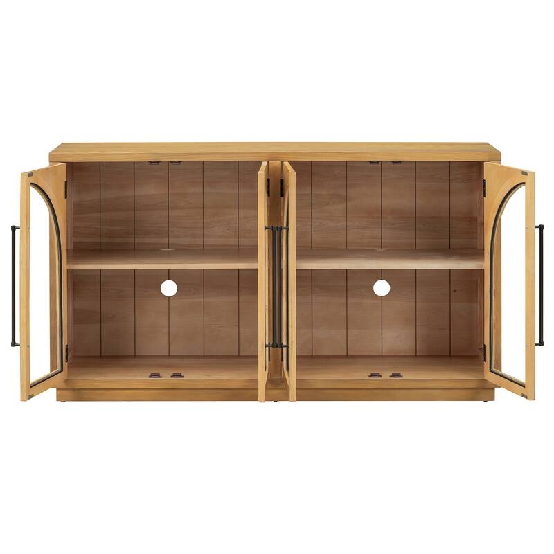 4-Door Large Storage Sideboard with Arched Glass Doors and Metal Handles, Wooden Buffet Storage Cabinet with Adjustable Shelves