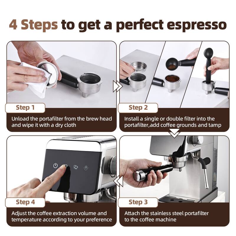 AMZCHEF 20 Bar Espresso Machine, 1350W Compact Stainless Steel Coffee Maker with LED Touch Screen - 13"D x 6.5"W x 12"H