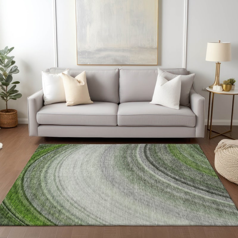 Machine Washable Indoor/ Outdoor Chantille Abstract Wave Rug - Green - 10' x 14'