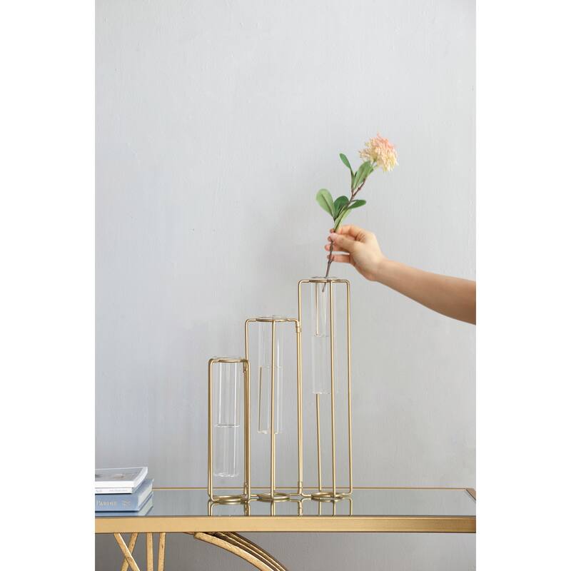 Rossetta Oversized Minimalist Lines Industrial Intrigue 3-Bottle Pedestal Beaker Vase with Metal Frame