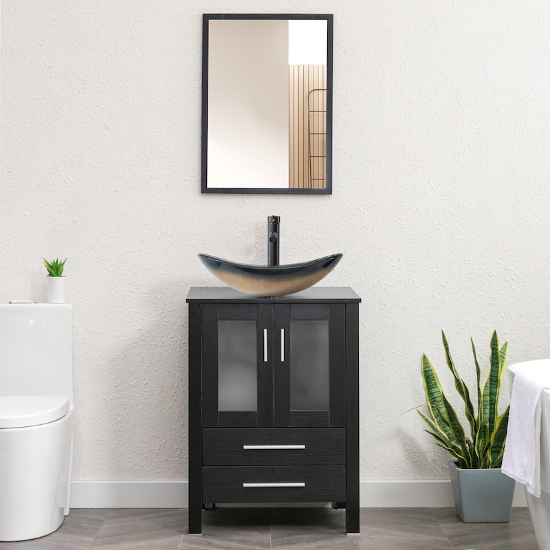 eclife 24" Classical Bathroom Vanity Set with Tempered Glass Vessel Sink Oil Rubbed Bronze Faucet and Drain - glass champagne boat sink