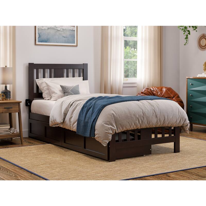 Beauty Twin Bed with Footboard & Drawers - Espresso Solid Wood, No Foundation Needed, Turbo Charger Included