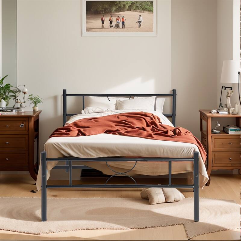 Full Size Metal Bed Frame with Headboard Platform Bed / Heavy Duty/ Solid Metal Slat / No Box Spring Needed, Twin Bed Frame