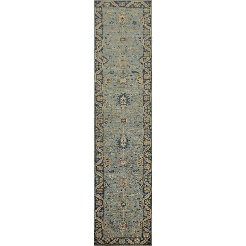 Hand Knotted Oriental 100% Wool Carpet Traditional All-Over Navy Blue & Blues Ziegler Runner Rug - 16' 1'' X 2' 8''