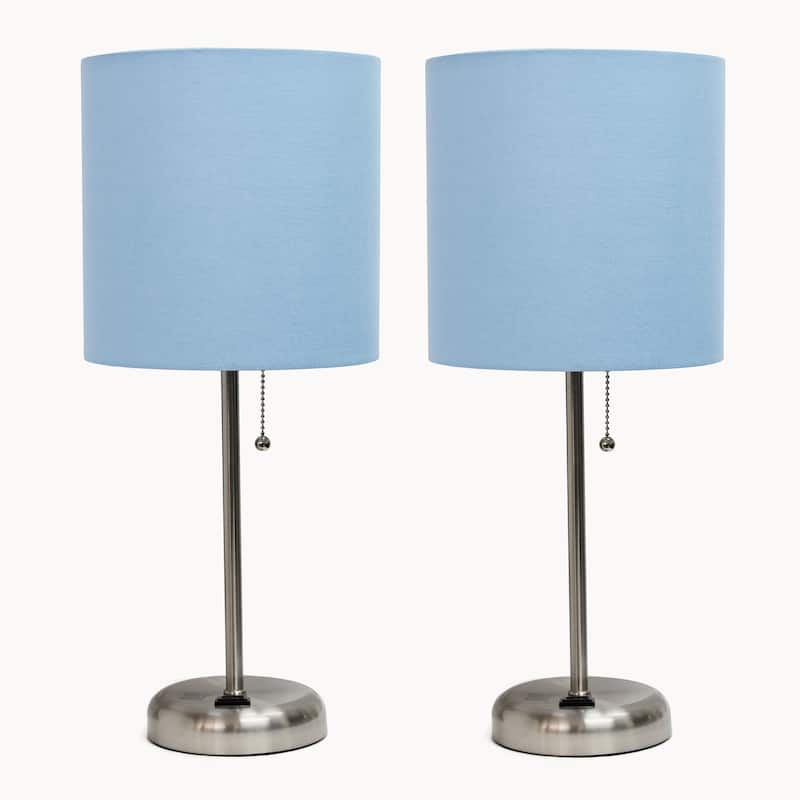 Simple Designs 19.5" 2 Pack Table Desk Lamp Set with Charging Outlet - 19.50 - Brushed Steel/Blue Shade