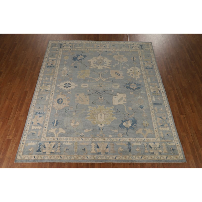 Hand Knotted Oriental 100% Wool Carpet Transitional All-Over Navy Blue & Blues Oushak Area Rug - 9' 11'' X 8' 6''
