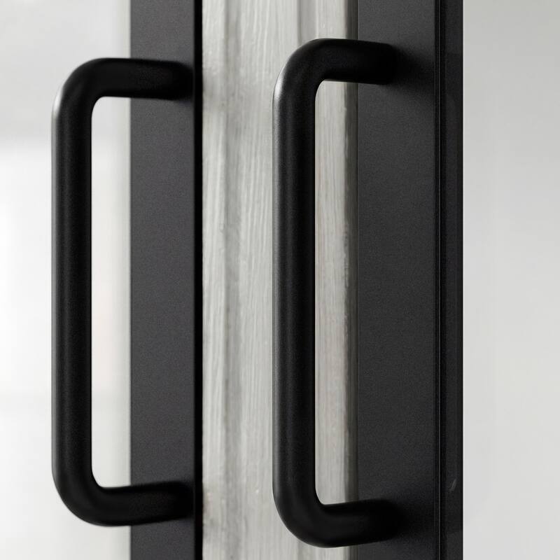 Arched Glass Door Display Cabinet with Iron Frame, Tall Curio Bookcase with Drawers, Farmhouse Storage Cabinet