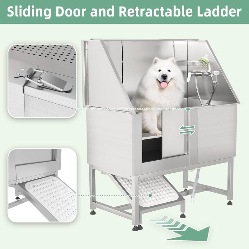Professional Stainless Steel Dog Washing Station Pet Grooming Bath Tub w/ Ramp