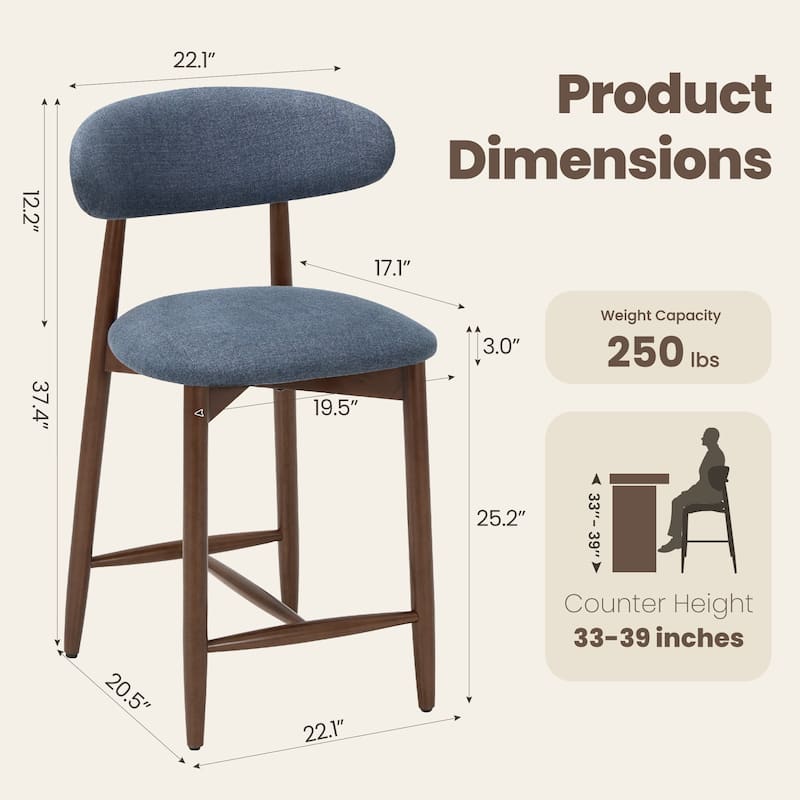 RENEWLINE Mid-Century Modern Upholstered Bar Stools with Backrest - Solid Wood Legs Counter Height Stools