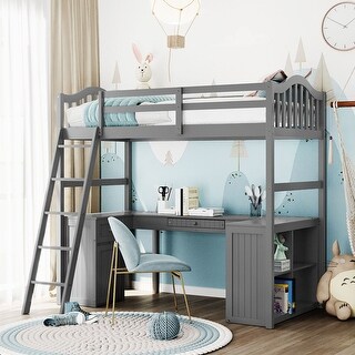 Minimalist Design Twin Size Loft Bed with Stable Ladder,Shelves and Desk Under-Bed,Solid Wood Bed with Cabinet