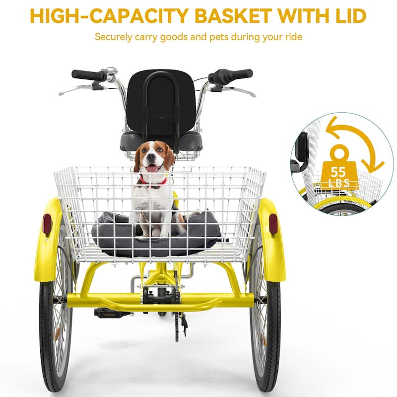 24"/26" Yellow Adult Tricycle 7 Speed Trike Bike with Shimano Shifting with Removable Baskets