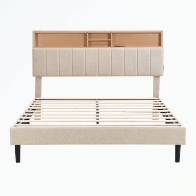 Queen Size Platform Bed with Storage Headboard and USB Port
