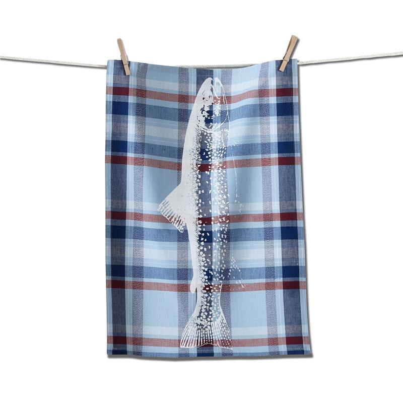 Jackson Plaid Fish Dishtowel - Blue Multi Cotton Kitchen Towel for July 4th, Machine Washable, 26" x 18"