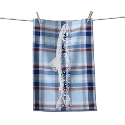 Jackson Plaid Fish Dishtowel - Blue Multi Cotton Kitchen Towel for July 4th, Machine Washable, 26" x 18"